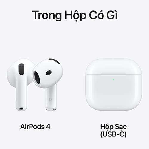 Trọn bộ AirPods 4 gồm tai nghe và hộp sạc USB-C